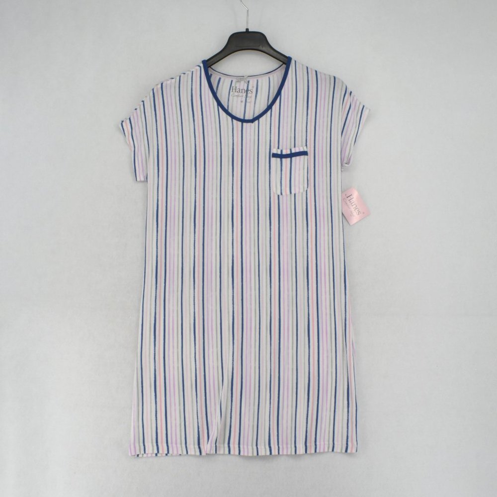 Women Chemises Blue/White Regular Size Hanes Stripe Print Comfort Sleep Soft M